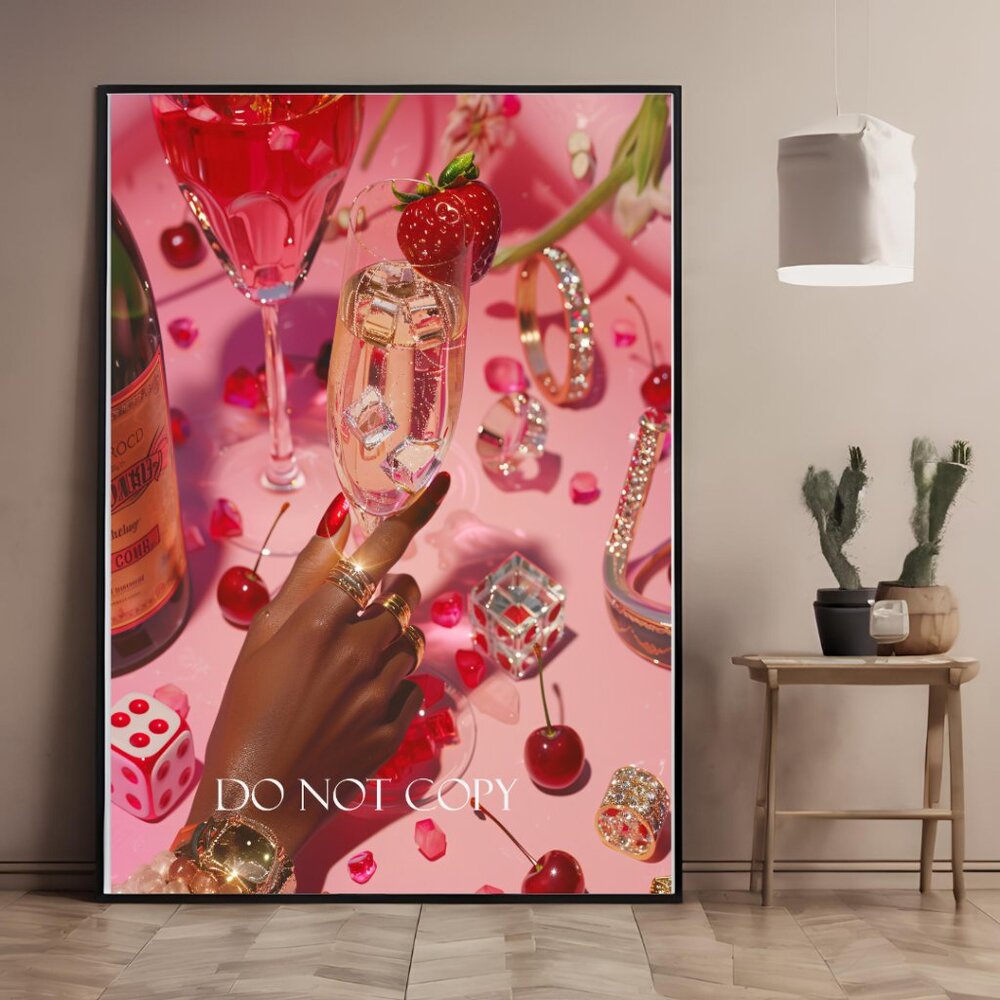 Abstract Whiskey Art Print 11x17 - Red & Pink Modern Art in Black Frame